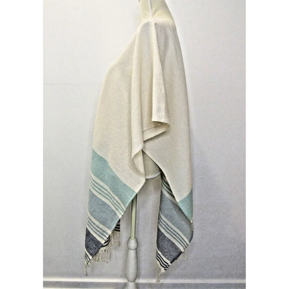 Womens OS Cream Blue Stripes Fringe Poncho Beach Caftan Coverup Boho Tribe Alive - Picture 4 of 11